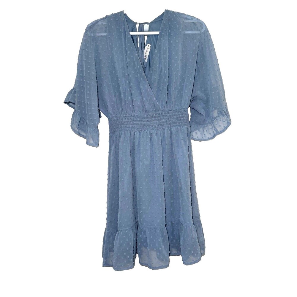 Nash Grey Womens Medium Blue Swiss Dot Smocked Waist Mini Dress Ruffle Boho
